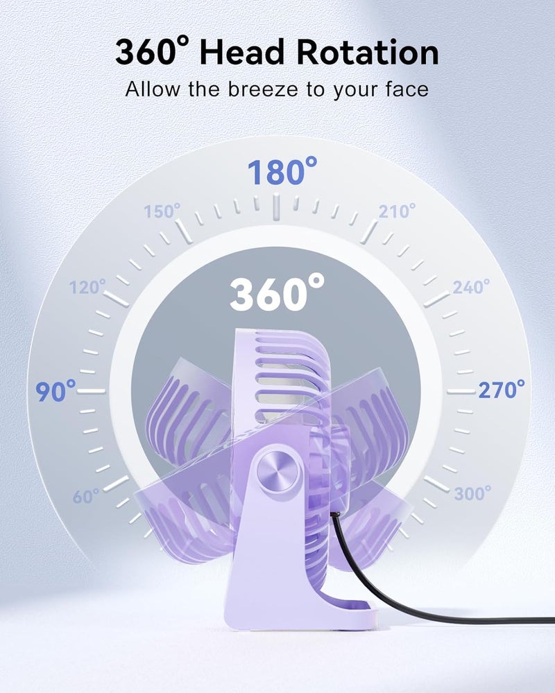 Edvision USB Desk Fan, 5 Inch Small Portable, 3 Speeds Powerful Wind Mini Personal Desktop Fan 360° Rotation Adjustable, Plug In USB Fan Quiet for Table Home Office Travel Car(Purple) - Image 3
